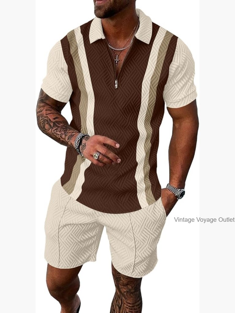 Mens 2 Piece Track Suit Short Sleeve Polo Set Summer Casual Outfit